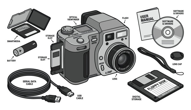 Digital camera, battery, memory card, floppy disk, lens cap