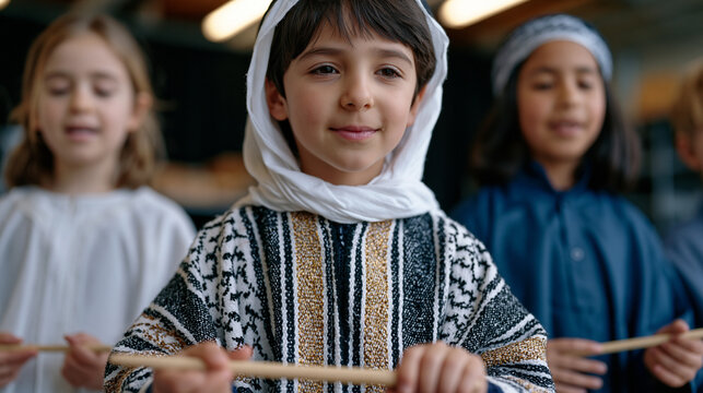Four children in a theater arts class acting out a scene in different languages for a multilingual performance, each holding a simple prop, focused and animated in a primary school rehearsal space .