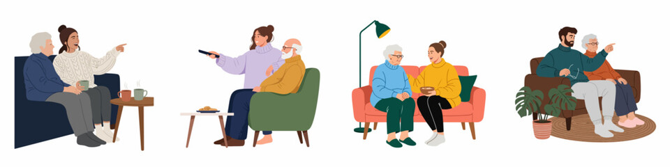 Set of illustrations showing younger adults spending time with elderly relatives, featuring scenes of talking, watching TV, and sharing snacks in a home setting.