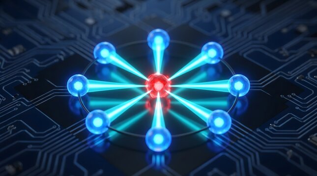Close-Up of Quantum Bit Error Correction Process with Corrupted Red Qubit Being Surrounded and Corrected by Ring of Blue Stabilizer Qubits with Conver