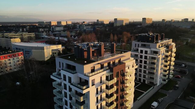 Aerial drone shot of modern residential housing complex and estate architecture