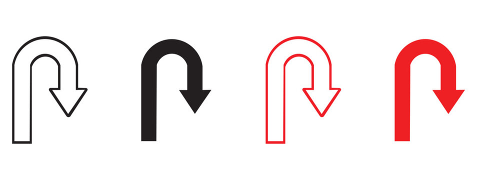 U-turn arrow direction navigation symbols in multiple styles with u turn