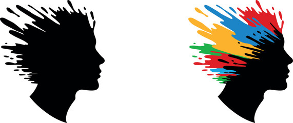 black silhouette heads with colorful paint splash explosion for creativity © VIcon Hub