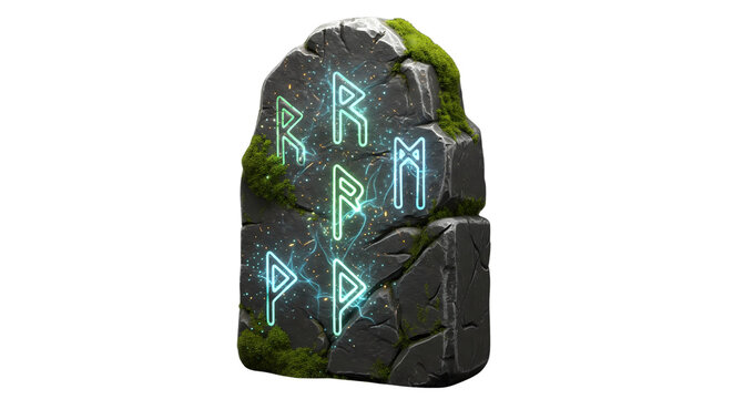 Ancient mystical stone tablet glowing with vibrant blue runes and green moss, depicting an enigmatic relic of forgotten magic and power, isolated illustration