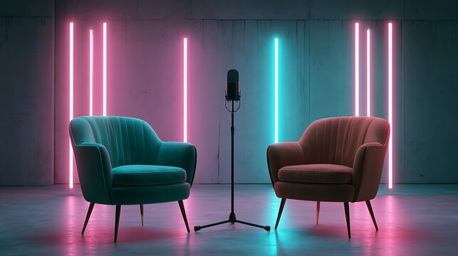 Podcast or interview studio set with microphone and two armchairs under neon lights