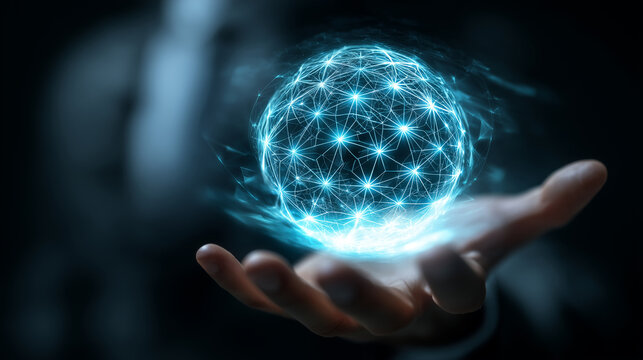 Hand holding glowing digital sphere, connected network nodes, blue futuristic technology, data communication, holographic interface, cyber security, connection concept, digital innovation.