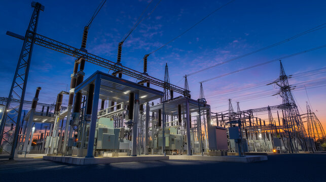 A professional photograph of a modern high-voltage substation and power distribution facility at twilight. The image highlights heavy industrial infrastructure, electrical engineer