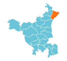 Naklejka premium Yamuna Nagar district highlighted in orange on blue Haryana map