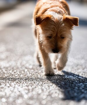small dog stepping on hot asphalt in city street