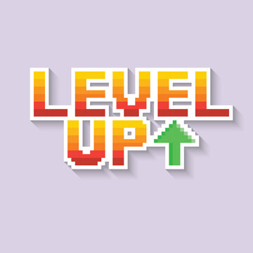 Level up achievement badge with pixel arrows and shadow 8 bit vector icon for computer game, logo