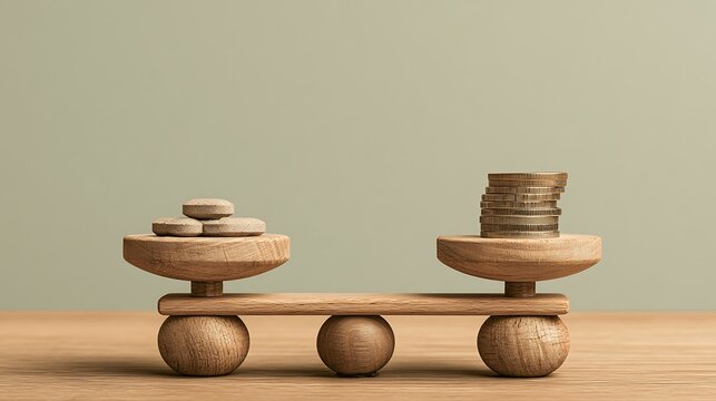 Health versus wealth conceptual wooden scale balancing pills and coins