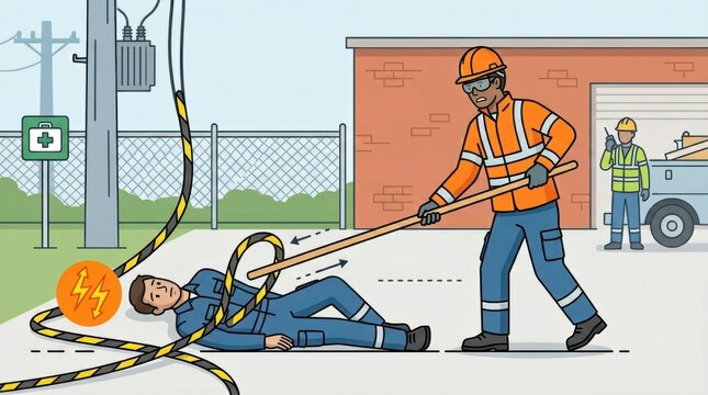 Worker in orange gear pulls injured person away from electrical hazard using a pole. Background shows utility equipment and safety personnel.