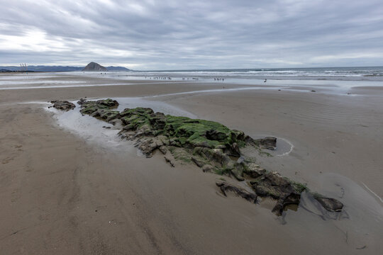 Storm clouds above beach with Morro Rock in distance