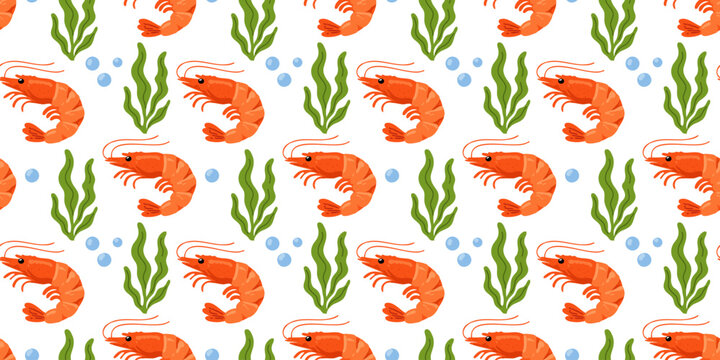 seamless cute shrimp and seaweed underwater vector pattern illustration design