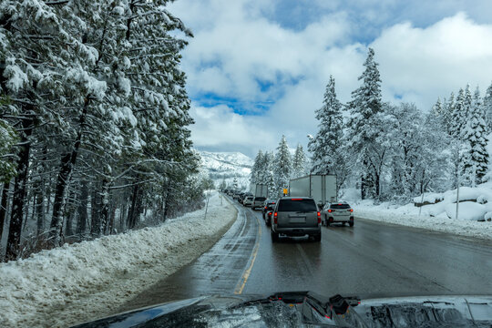 Traffic on highway in Winter seen from car