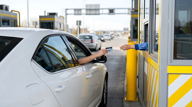 White Car Driver Paying Highway Toll Fee at Roadside Booth with Credit Card
