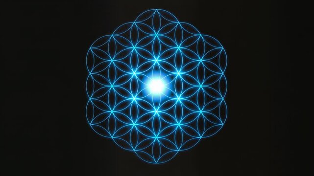 Glowing blue neon Flower of Life sacred geometry symbol with bright white light center on black background, digital illustration of ancient spiritual mathematical pattern.