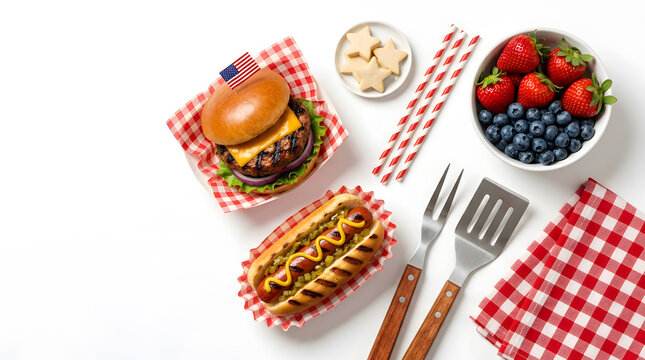 American Independence Day Picnic Food Layout Featuring Juicy Cheeseburger and Hot Dog Basket