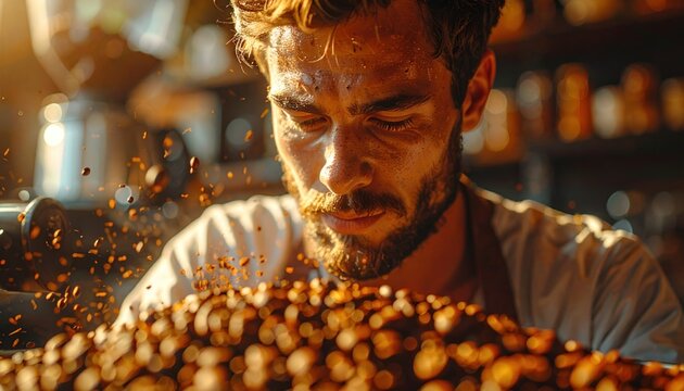 Man deeply inhaling aroma of freshly roasted coffee beans.