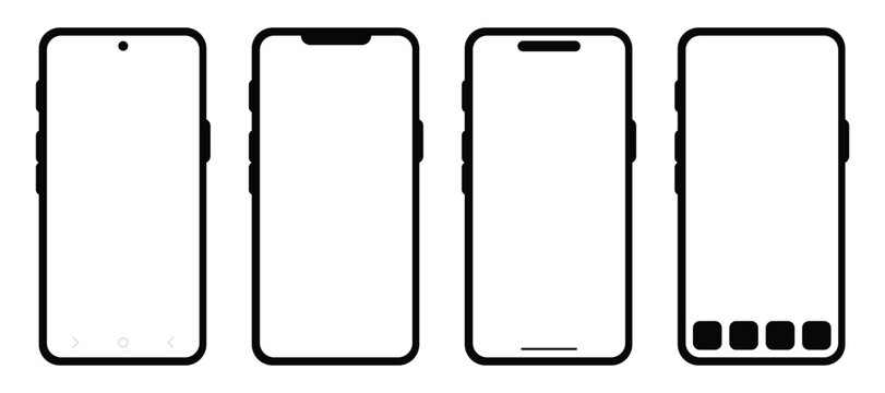 Smartphone frame templates set with different notch designs, mobile phone mockups