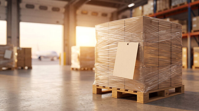 Air freight cargo pallet with blank tag with copy space on left