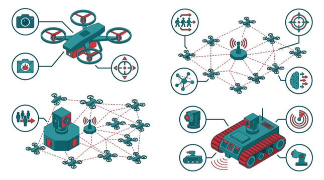 Isometric Military Unmanned System Vector Set, AI Drone Swarm Network and Autonomous Ground Vehicle UGV Infographic Elements