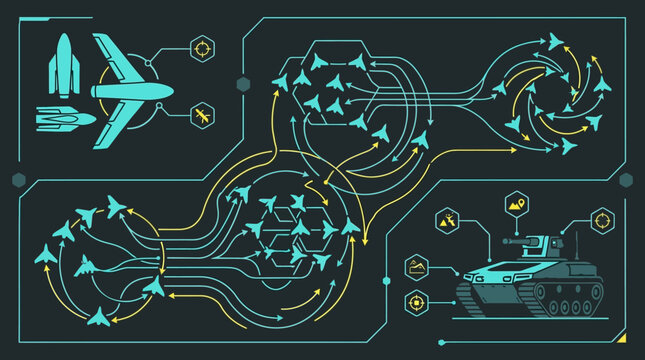 Futuristic Military Drone Swarm HUD Infographic Vector Illustration, Tactical Interface Design with UAV Jet Fighter and Autonomous UGV