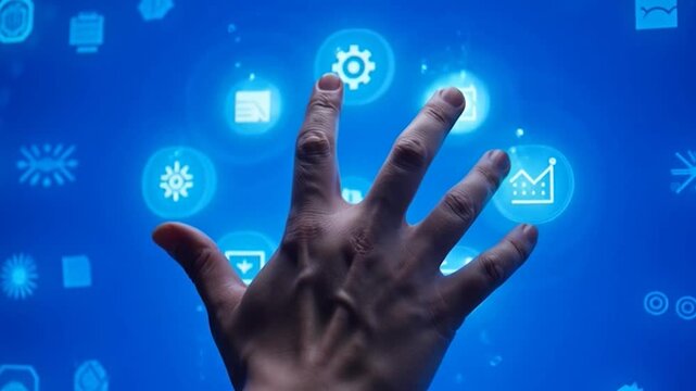 A hand interacts with a digital touch screen interface