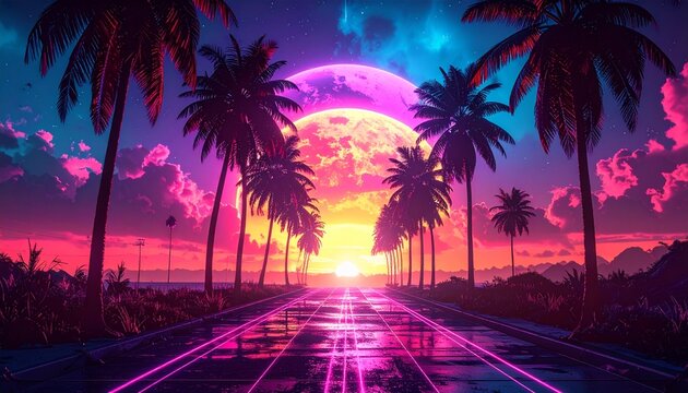 Vibrant Synthwave Sunset - Palm Trees, Road, and Retro Aesthetics.