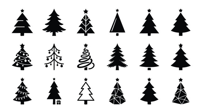 Minimalist Christmas tree icons, set of 18 black pine tree silhouettes, modern geometric holiday fir tree vector collection for winter branding isolated PNG with Transparent Background