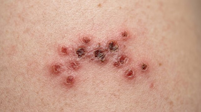 Close-up of shingles rash on human skin, painful blisters and scabs