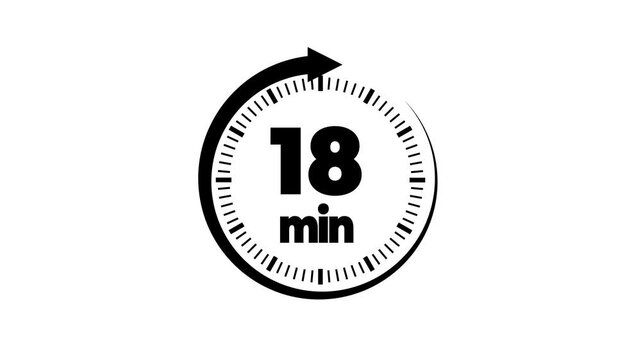 18 minute timer symbol, isolated on transparent white background with alpha channel. 18 min time circle icon .Animation timer icon with 18 min Clock, stopwatch, cooking time label