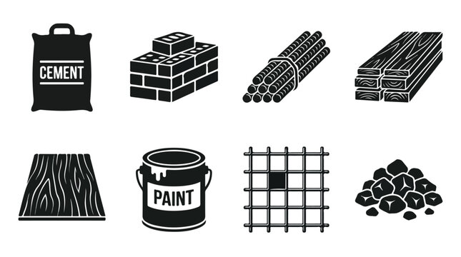 Construction materials icon set, black building supply vector symbols, cement bag and brick masonry elements, 8 industrial hardware icons isolated PNG with Transparent Background
