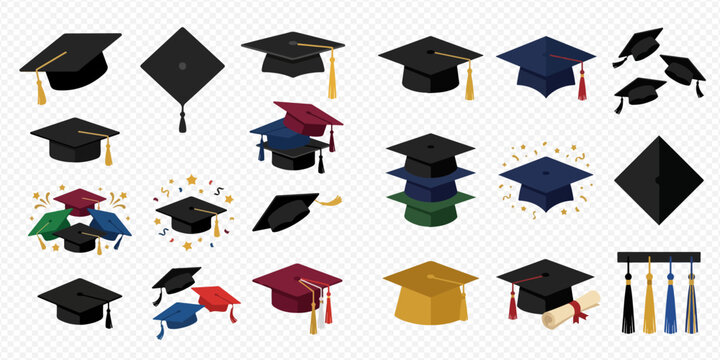 Collection of graduation caps and academic hats in various colors and styles, symbolizing education and achievement.