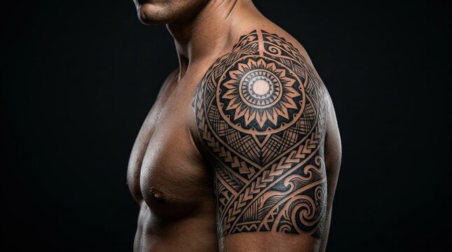 Man with traditional Polynesian tribal tattoo on arm and shoulder, studio shot