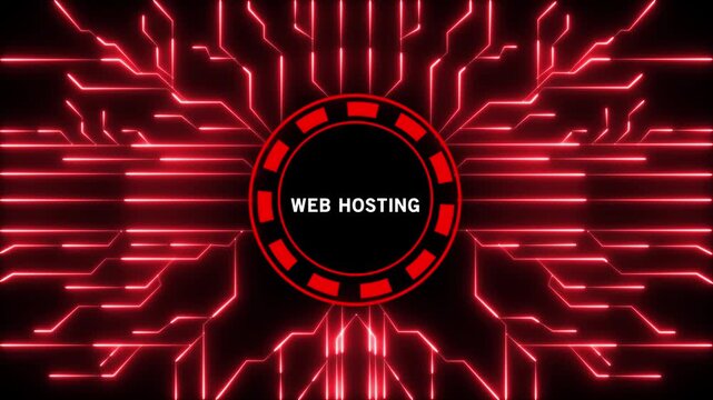 A vibrant red glowing digital circuit board pattern with a central circular emblem displaying the text WEBHOSTING in white letters against a black background, symbolizing technology and