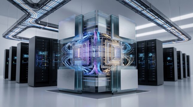 Futuristic quantum computer processor in high tech server room, artificial intelligence core, big data center, cloud computing infrastructure, digital network connection