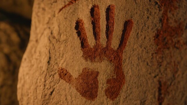 Primitive caveman human hand pressing red paint handprint onto cave wall in warm torchlight. Stone Age ancient art creation prehistoric culture concept.