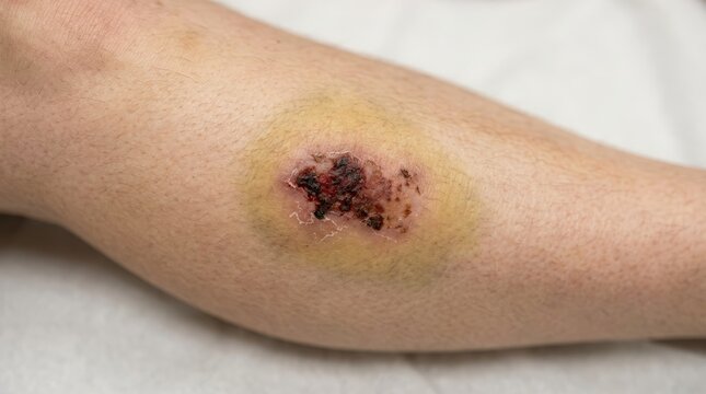 Close-up of a Stage 2 Pressure Ulcer on Human Leg with Redness and Yellowish Exudate