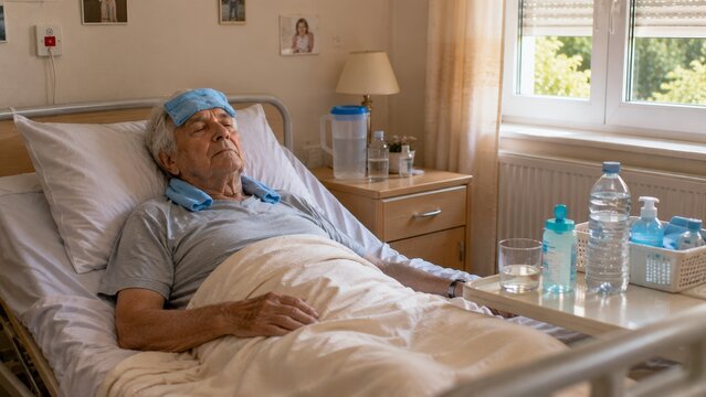 Senior Woman Suffering from Extreme Heatwave Resting in Bed with Cooling Compress and Hydration Supplies, Heat Stress and Climate Change Health Risk Concept