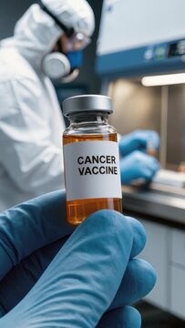 Close-up gloved hand holding Cancer Vaccine vial in modern medical laboratory. Scientist in hazmat suit working in background with biohazard signs. Biotechnology, medical research and healthcare conce