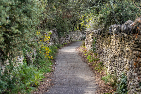 Stone walls and empty path