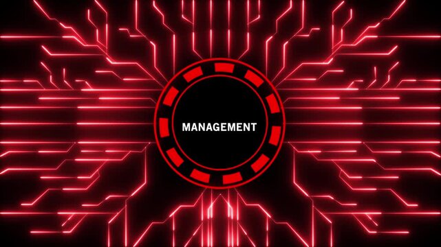 A dynamic red glowing digital circuit board pattern with a central circular emblem containing the word MANAGEMENT in white text on a black background, signifying organizational control and