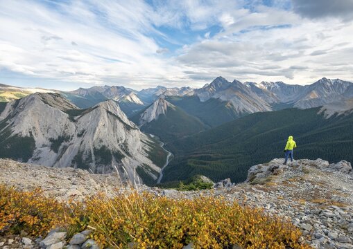 Autumn yellow bush, hikers at the summit, mountain landscape with river valley and peaks, summit with orange sulphur deposits, panoramic view, Nikassin Range, near Miette Hotsprings, Sulphur Skyline, Jasper National Park, Alberta, Canada
