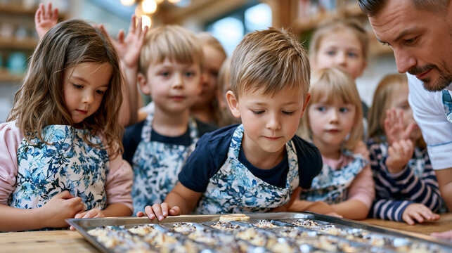 Children in matching aprons gathered around a demonstration table watching a culinary instructor flip a small pancake, several with hands raised to try next in a Saturday morning kids cooking worksh