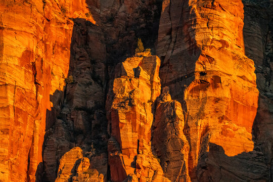 Close-up of sandstone cliffs at sunset