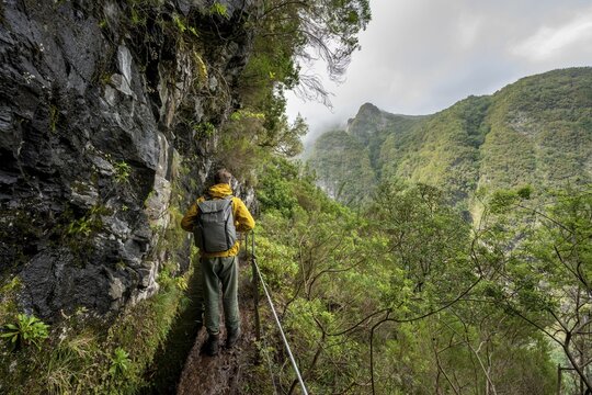 Hikers on a narrow path along a levada, view of forested mountains, Levada do Caldeir&atilde;o Verde, Parque Florestal das Queimadas, Madeira, Portugal