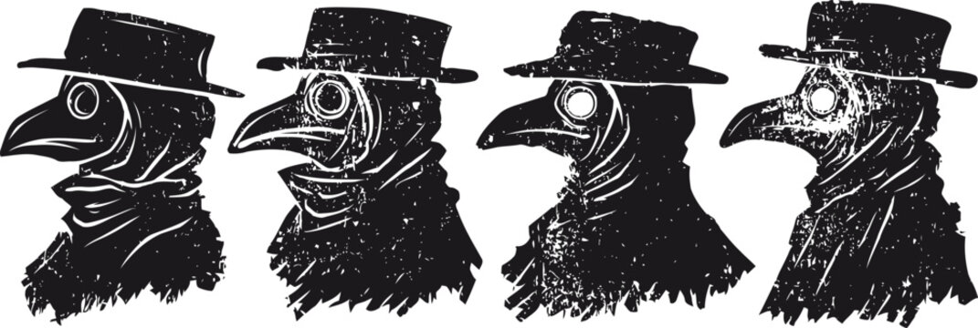plague doctor heads in vintage historical medieval physician masks with beaked noses and wide brim hats, dark silhouettes in profile
