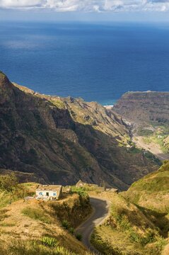Little house in mountain landscape of island San Antao. Cabo Verde. Africa