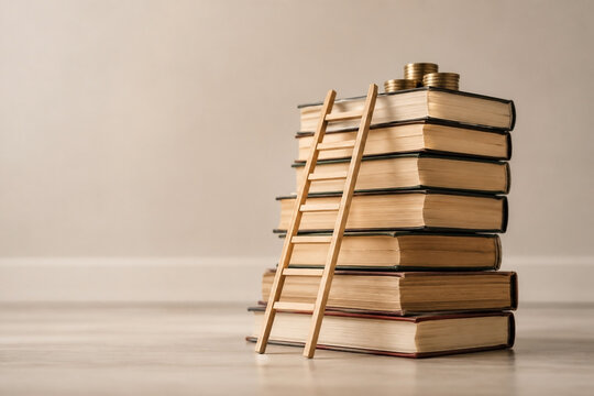 Stacking books with coins and ladder for money growth concept